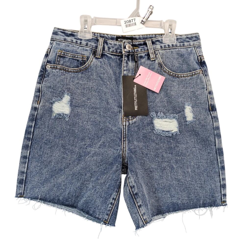 NWT PrettyLittleThing Vintage Wash Ripped Longline Fitted Denim Jean Shorts Sz 6